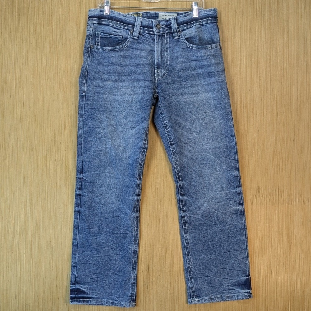 TK Axel‎ Mens Slim Bootcut Jeans Medium Wash Blue Denim 32x30 Thick Stitching